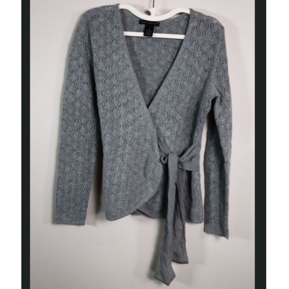 Sarah Spencer Lambswool Angora Wrap Sweater Medium Gray Open Front